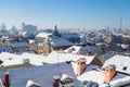 Panorama view over Zagreb with dome and chimneys during winter with snow over the roofs, Zagreb, Croatia, Europe