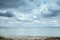 Panorama view of overcast sky. Dramatic sky and white clouds before rain in rainy season over the seacoast. Cloudscape
