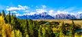 Panorama View of the peaks of The Grand Tetons behind the winding Snake River viewed from the Snake River Overlook Royalty Free Stock Photo