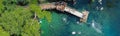 Panorama view people jumping off deck to magnitude turquoise blue water of Morrison Springs County Park in Walton County, Florida