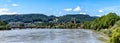 Panorama view of picturesque Bad Saeckingen in southern Germany with the historic covered bridge