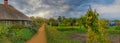 Panorama view of picturesque village with autumn natural landscape. Architecture thatched houses in fishing village,Schleswig-Hols