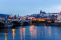 Panorama view of Prague on early morning or dusk night. Beautiful view on old town with bridges and river, the Czech Royalty Free Stock Photo