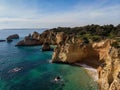 Panorama view of Praia do Submarino Algarve cliff coast sand beach holiday vacation spot in Portimao Portugal Europe