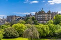 A panorama view from Princess Street Gardens towards the buildings on the middle section of the Royal Mile in Edinburgh, Scotland
