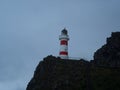 Panorama view of red and white stripes lighthouse on top of oceanside cliff hill, Cape Palliser Wellington New Zealand Royalty Free Stock Photo