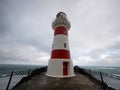 Panorama view of red and white stripes lighthouse on top of oceanside cliff hill, Cape Palliser Wellington New Zealand Royalty Free Stock Photo