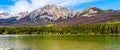 Panorama View of the Reflection of Pyramid Mountain, in the Victoria Cross Range, in Pyramid Lake in Jasper National Park Royalty Free Stock Photo