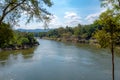 Panorama view of river with green trees and blue sky Royalty Free Stock Photo