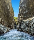 A panorama view of the river rapids and basalt column walls in the Alcantara gorge near Taormina, Sicily