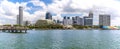 A panorama view from a riverboat across the bay on the Singapore river towards the esplanade in Singapore, Asia Royalty Free Stock Photo