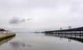 Panorama view of the riverfront promenade and historic pier on the Rio Tinto River in downtown Huelva