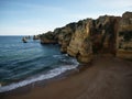 Panorama view of rock formations at Praia de Dona Ana picturesque atlantic ocean sand beach in Lagos Algarve Portugal Royalty Free Stock Photo