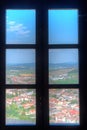 Panorama view of Romanian town Rupea thorugh window of the citad Royalty Free Stock Photo