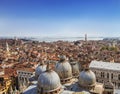 Panorama view of the roofs of Venice from the top of the St Mark`s bell tower San Marco Campanile of St. Mark`s Basilica in Royalty Free Stock Photo