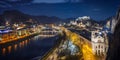 Panorama view of Salzburg in Austria from Moenchsberg at christmas night