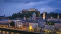 Panorama view of Salzburg city skyline at night in Salzburg, Austria