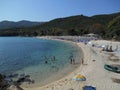 Panorama view of sandy beach Ammos, near Olympiada, Greece and bright clear blue sea