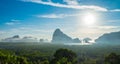 Panorama view of sea and mountain in morning golden hour time,Nature scene,Khao Samed Nang Chee Viewpoint,Phang Nga,Thailand.