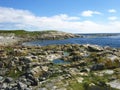 A panorama view of a sea shore with stones