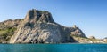 Panorama view from the sea to the Genoese fortress, Sudak, Crimea Royalty Free Stock Photo