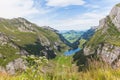 Panorama view of Seealpsee (lake) and the alps Royalty Free Stock Photo