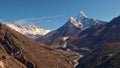 Panorama view of Sherpa village Pangboche in valley below snow-capped mountain Ama Dablam and Mount Everest massif.