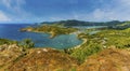 A panorama view from Shirley Heights viewpoint down into Freemans Bay on the coast of Antigua Royalty Free Stock Photo