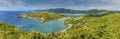 A panorama view from Shirley Heights viewpoint towards English Harbour on the coast of Antigua Royalty Free Stock Photo