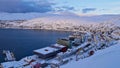 View of snow-covered city center of Hammerfest, Norway, the northernmost town in the world, located at the coast of arctic sea.