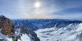 Panorama view of snow mountain from Zugspitze - the highest point of Germany. The Alps, Germany, Europe. Royalty Free Stock Photo