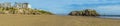 A panorama view from the South Beach towards the Castle Hill and Saint Catherine`s island Tenby, Pembrokeshire Royalty Free Stock Photo