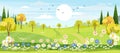 Panorama view of spring village with green meadow on hills with blue sky, Vector cartoon Spring or Summer landscape of countryside Royalty Free Stock Photo