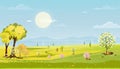 Panorama view of spring village with green meadow on hills with blue sky, Vector cartoon Spring or Summer landscape, Panoramic Royalty Free Stock Photo