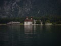 Panorama of St Bartholomew Bartholoma pilgrimage church on lake Konigssee Koenigssee Berchtesgaden Bavaria Germany alps Royalty Free Stock Photo