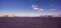 Panorama View of Statue of Liberty at New York City with Manhattan Skyline over Hudson River - USA Royalty Free Stock Photo