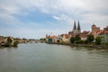 Panorama view of the stone bridge and historical old town of Regensburg or Ratisbon on river side of Danube Royalty Free Stock Photo