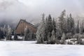 Panorama view on Strbske pleso in High Tatras with Patria hotel Royalty Free Stock Photo