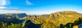 Panorama view of a Sunset over Blyde Caniyon Dam and the three Rondavels of Blyde River Canyon Nature Reserve Royalty Free Stock Photo