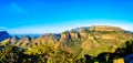 Panorama view of a Sunset over Blyde Caniyon Dam and the three Rondavels of Blyde River Canyon Nature Reserve Royalty Free Stock Photo