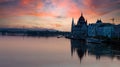 Panorama view in sunset scene with building of Hungarian parliament at Danube river in Budapest city, Hungary Royalty Free Stock Photo