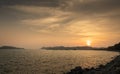 panorama view Sunset or Sundown on the beach and mountains and bridges in dongtan beach, Sattahip. Royalty Free Stock Photo