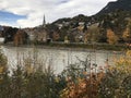 Panorama view surrounding River Inn in Austria.