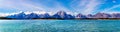 Panorama View the Teton Range Mountains in the Teton Mountain Range west of Jackson Lake in Grand Teton National Park