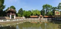 Panorama view of third courtyard in ancient Temple of Literature or Van Mieu, with the Thien Quang well and the red Khue Van pavil