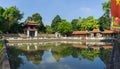 Panorama view of third courtyard in ancient Temple of Literature or Van Mieu, with the Thien Quang well and the red Khue Van pavil Royalty Free Stock Photo