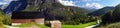 Panorama View To An Ancient Wooden Barn And Stalheim In The Spectacular Mountains Of The Naeroydalen Valley