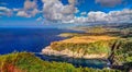 Panorama view to coastline of Sao Miguel island from Santa Iria viewpoint. Azores. Portugal Royalty Free Stock Photo