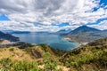 Panorama view to the lake Atitlan with volcanos - small villages San Pedro, San Marcos, San Juan and Panajachel at lake Atitlan in