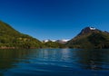 Panorama view to Nordfjorden and Svartisen glacier, Meloy, Norway Royalty Free Stock Photo